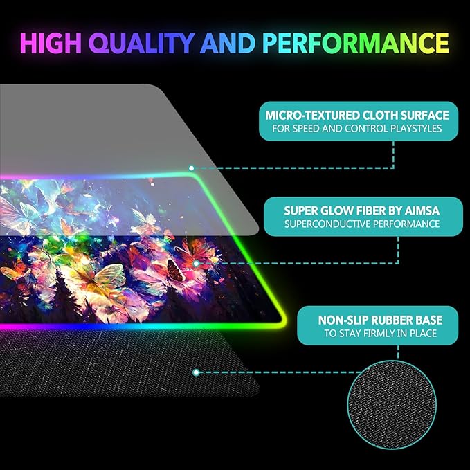 AIMSA RGB LED Gaming Mouse Pad, 14 Modes Glow Pad, Extra Large Gaming Mousepad, 35.4 x 15.8 inch Extended Big Waterproof Keyboard Mouse Pad Mat, Colorful Abstract Butterfly