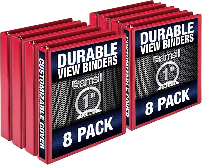 Samsill Durable 1 Inch Binder, Round Ring Customizable Clear View Binder, Red, 8 Pack (MP88433)