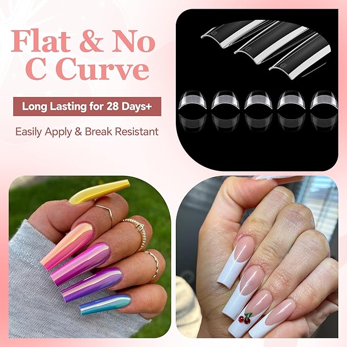 XXL No C Curve Square Flat Nail Tips, 240pcs Extra Long Straight Tapered Acrylic Gel Fake Nails, Matte Full Cover Clear Press on for Extension Manicure Home DIY 12 Sizes Gelly Tips