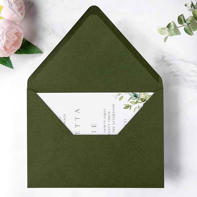 PONATIA 50PCS A7 Euro Flap Envelopes, 5.25 x 7.25'' Envelope for 5x7'' Weddings Invitation Cards, Christmas Gift Cards, Acrylic Invitations, Photos (Olive Green (No Liner))