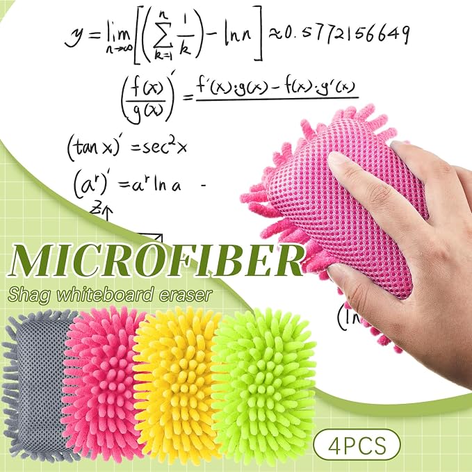 Zonon 4 Pcs 5" x 3" Dry Erase Eraser, Pink, Green, Yellow, Gray | Microfiber Shag Washable Whiteboard Erasers for Markers and Chalk, Reusable Board Cleaners, Classroom Office Home Use
