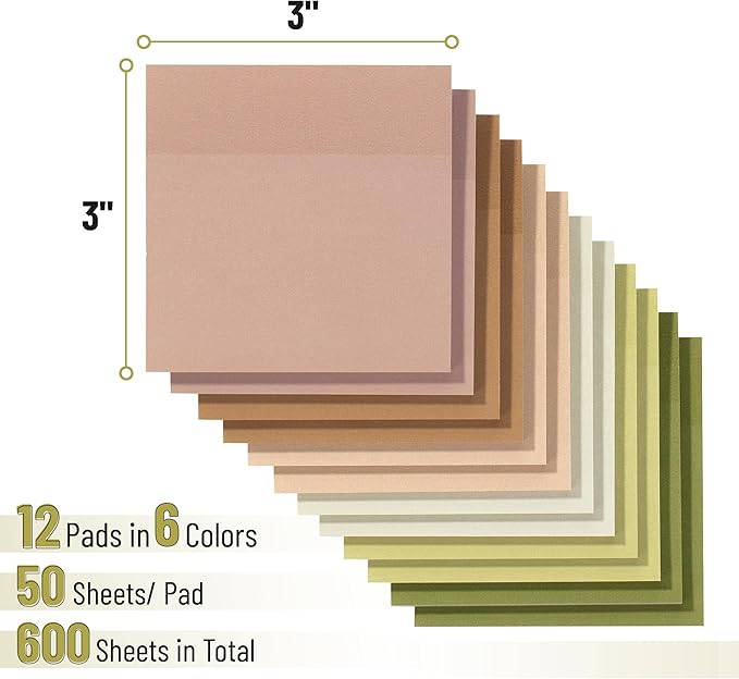 Mr. Pen- Sticky Notes, 3”x3”, 12 Pads, 600 Sheets, Dark and Earthy Colors Sticky Notes 3x3, Stocky Notes for Bible Journaling