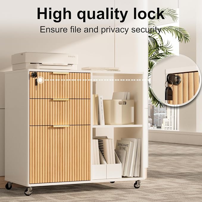 3 Drawer Fluted Mobile Filing Cabinet with Lock, Lateral Rolling Under Desk File Cabinet, Wooden Printer Stand Table for Home Office Essentials Storage Organization Furniture Letters/A4(Oak)