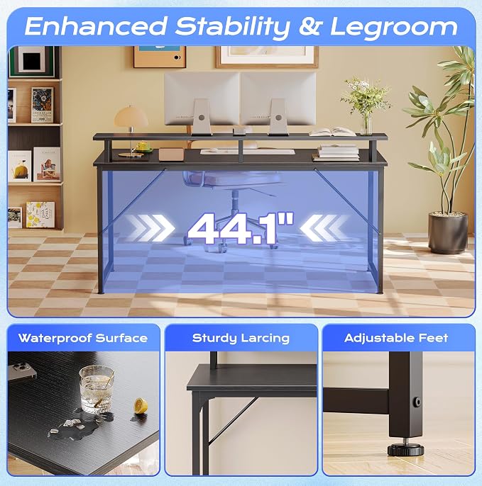 48 inch Gaming Desk, LED & Power Outlets, Monitor Stand, Black | Sturdy PC Desk for Home Office, Study & Work, LED Lights, 4 AC Outlets & USB-C Charging Station