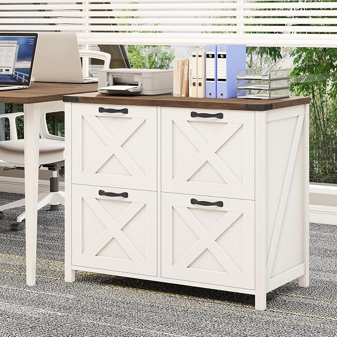Befrases Farmhouse File Cabinet, Lateral Filing Cabinet with 4 Drawers for Letter/A4 Size Hanging Files, Wooden Printer Stand File Storage Cabinet for Home Office Cabinets, Rustic White