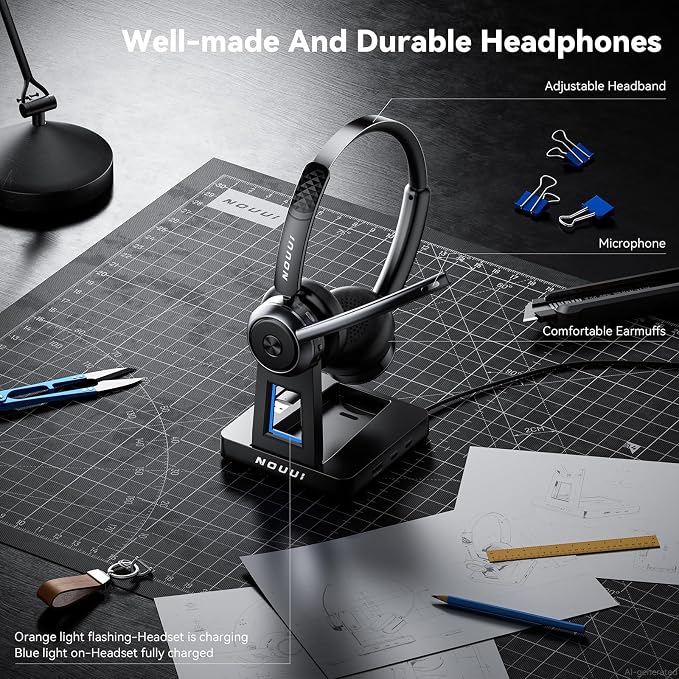 Wireless Headset with Mic for Work, Wireless Headphones with Mic(Noise Cancelling & Mute Button),65H Battery with Charge Base Bluetooth Headset with Microphone for PC/Call Center/Computer/Zooms/Teams