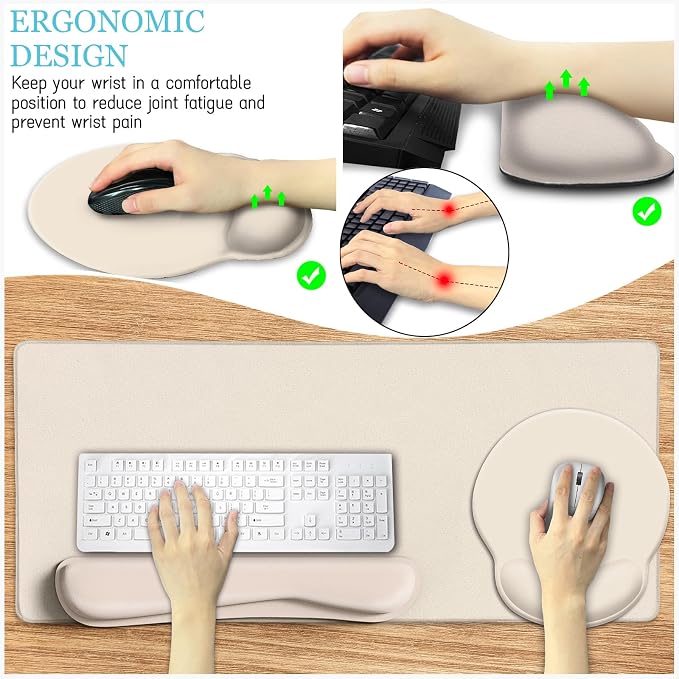 LIMKRIAN Oatmeal Beige Desk Mat Set, Large Mouse Pad & Keyboard Wrist Rest | XXL Desk Pad, Ergonomic Wrist Rest Mouse Pad, Memory Foam Keyboard Support, Coaster, Home Office Game Desk Accessories Gift