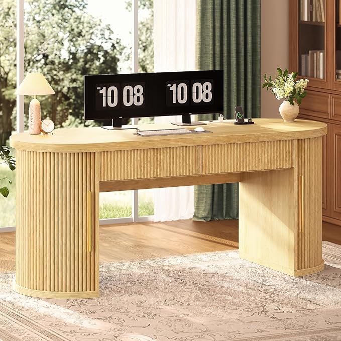 SEDETA 58.3" x 21.7" Fluted Office Executive Desk with 2 Drawers Storage | Light Oak Long Computer Desk with 2 Sliding Doors Shelves and Power Strip, Wood Curve Desk for Work, Writing, Study