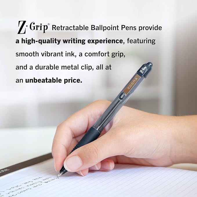 Zebra Pen Z-Grip Retractable Ballpoint Pen, Black Ink, 1.0mm, 18-Pack | Smooth Writing, Medium Point Tip, Ideal for Planners, Note-Taking, School and Office Supplies, and Everyday Writing (22218)