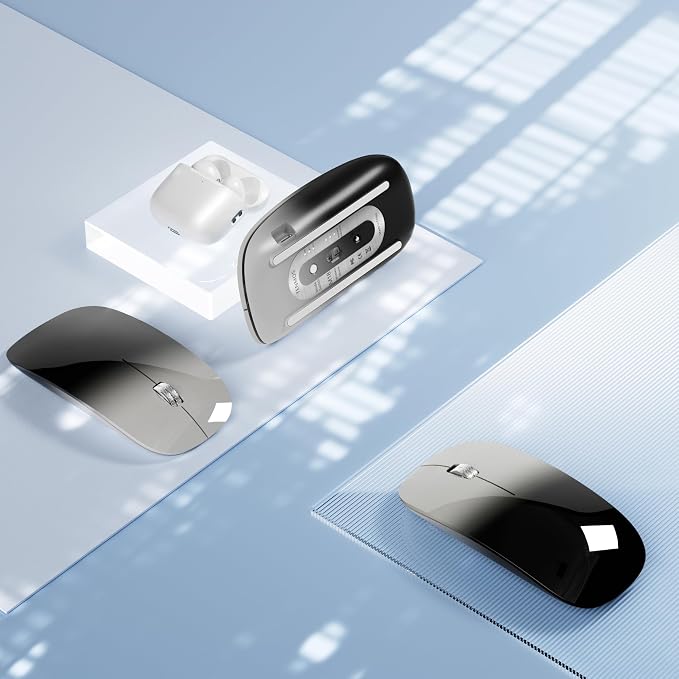 TENMOS M18 Bluetooth Mouse, USB C Rechargeable Wireless Mouse, Grey&Black | Tri-Mode BT5.1/5.0+2.4G, Silent, Portable, Battery Level Visible, USB Receiver,Type C Adapter, for Laptop/Macbook/iPad/PC