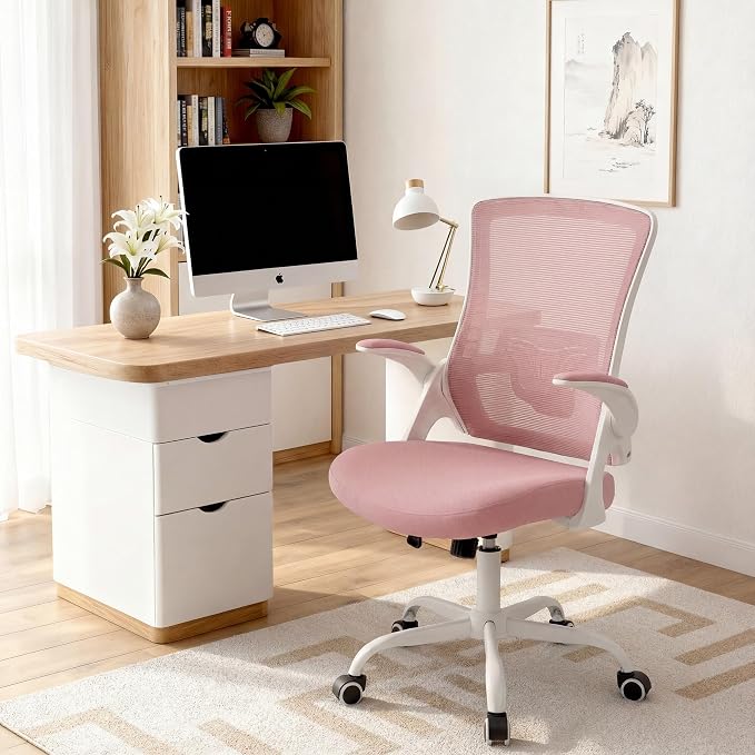NEO CHAIR Office Desk Mesh Chair with Adjustable Ergonomic Lumbar, Pink | Breathable Mesh Back Support with Flip-Up Armrests and Wide Seat Cushion for Comfortable Home Office Work and Gaming Setup