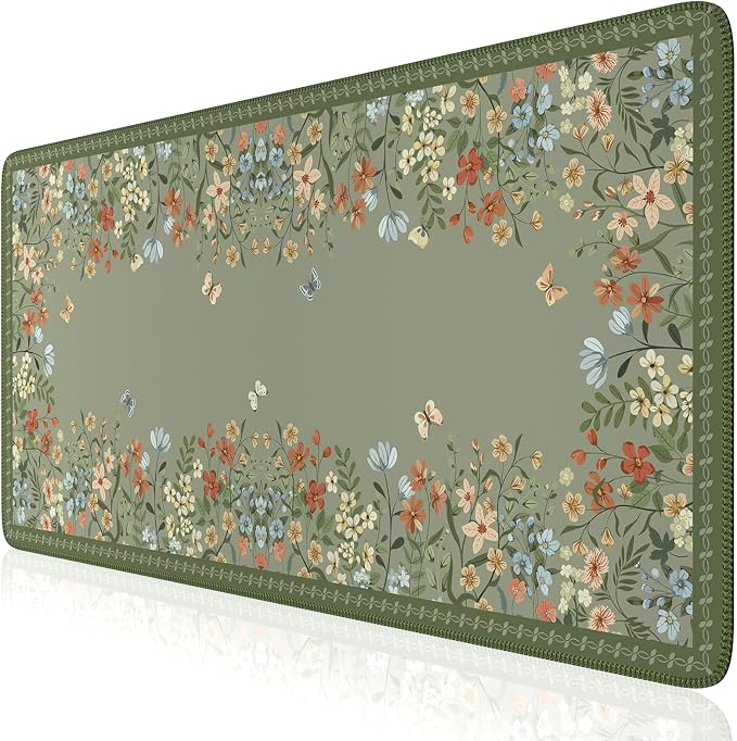 iCasso Desk Mat for Keyboard and Mouse,Cute Desk Pad,Sage Green | Large Non-Slip Keyboard Mat with Stitched Edges,Floral Mousepad for Women,Girly Computer Mat for Home Office
