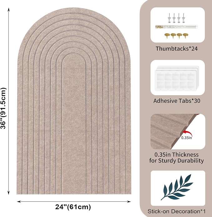 Large Arched Felt Bulletin Board, Stylish Sized 36" x 24" Cork Board Alternative with Grooved Pin Board for Office & Wall, 3 Foldable Customizable Adhesive Tiles with Pins for Photo Display, Camel