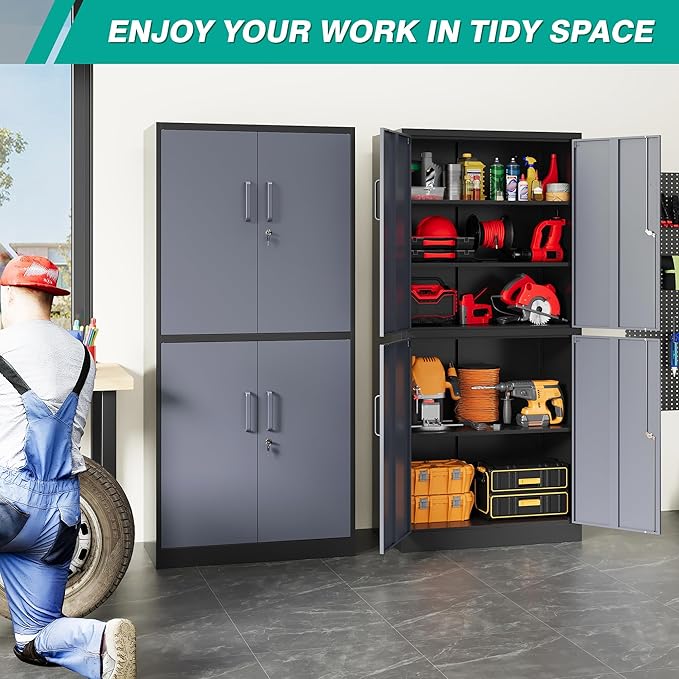 Metal Storage Cabinets with Doors and Shelves,71" Metal Garage Storage Cabinet with Lock,Gray Steel Cabinet with Locking Doors,4 Door Lockable Cabinets for Garage,Home,Office