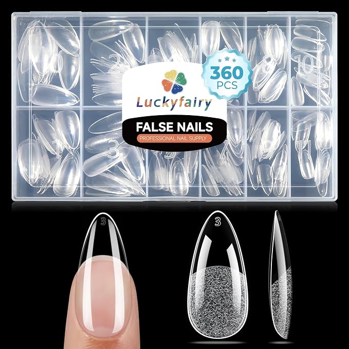 Luckyfairy Medium Almond Nail Tips, 360pcs Soft Gel Pre-Shaped Acrylic Fake Nails, Half Matte Full Cover Clear Gelly Press on Flase Nail Tips for Extension Nail Manicure Home DIY 12 Sizes Gelly Tips