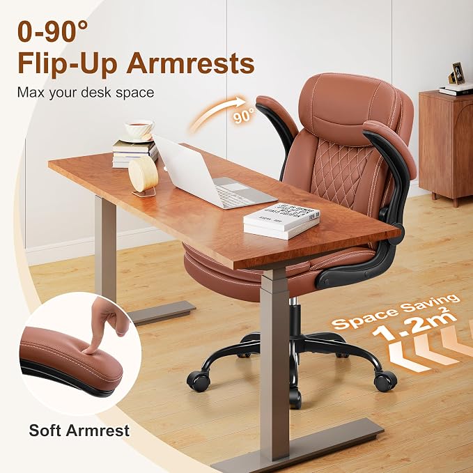 HeroSet Leather Office Chair with Upgraded Double-Layer Seat Cushion and Neckrest for Short People, Brown