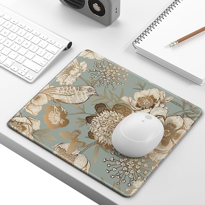 Mouse Pad, Minimalism Marble Style Computer Pad, Anti-Slip Rubber Mouse Mat with Stitched Edges for Gaming, Office, Laptop, PC, Women, 9" x 8" Thick 3 mm, Classical Flower and Bird