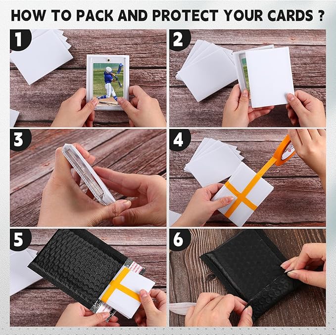 302 Pcs Trading Card Shipping Protector Set Include 200 Precut Plastic Inserts Card Mailers 100 Poly Bubble Mailers Padded Envelopes and 2 Masking Tape(Black,5.1 x 5.9 Inch)