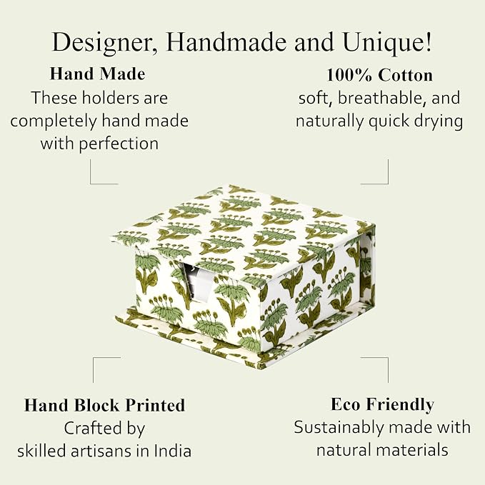 CPC Emerald Green Block Print Cotton Desk Organizer Sticky Note Holder | Cute, Aesthetic, Decor Accessories, Workspace Organizers, Caddy Storage, Gift for Office, Professionals, Student