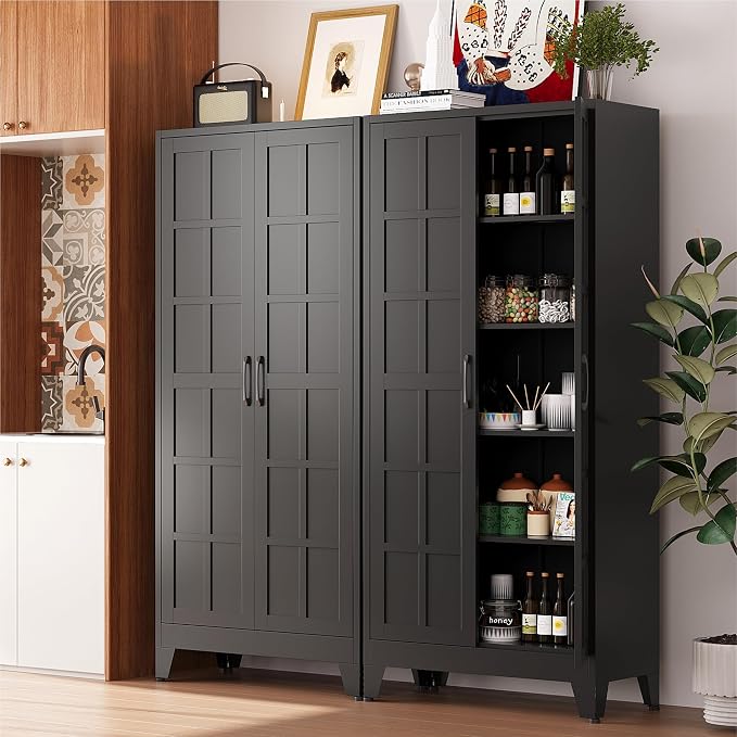 COFaR 71" Black Metal Storage Cabinet with Doors for Office and Garage | 5-tier kitchen pantry cabinet with square-panel doors and 4 adjustable shelves for laundry room, office or garage storage.