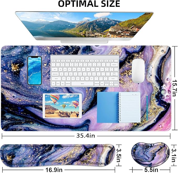 Large Mouse Pad with Wrist Rest, 4-in-1 Wrist Rest for Keyboard and Mouse | Non-Slip Waterproof Desk Mat Set, 35.4"x15.7" Desk Mat+Keyboard Wrist Rest+Mouse Wrist Support+Cup Coaster for Home Office