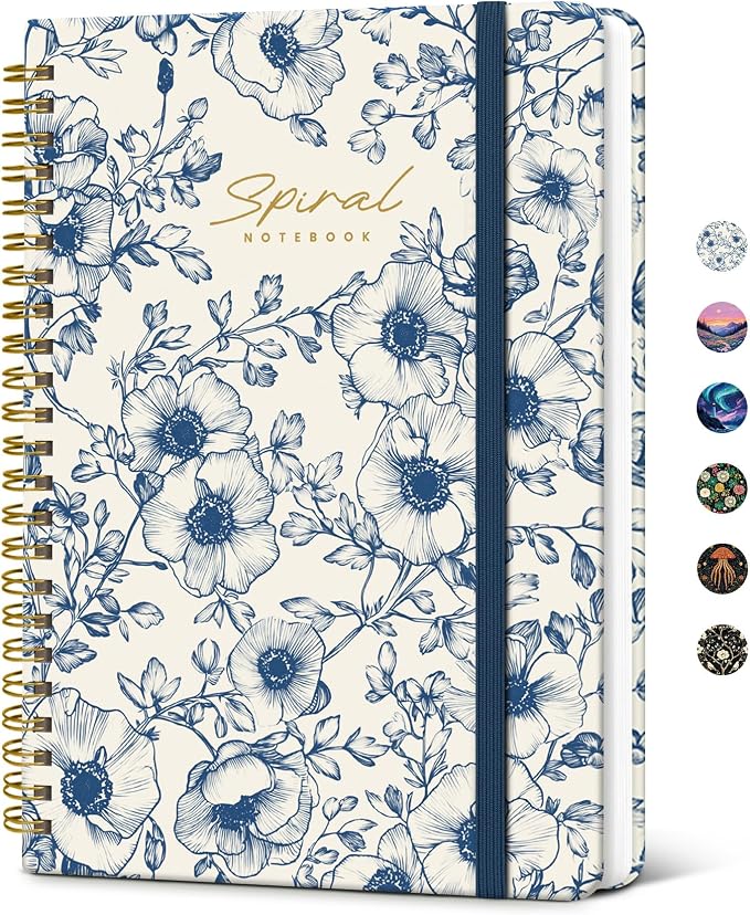 Lined Spiral Journal Notebook for Women, Pretty College Ruled Notebook for Work & Note Taking, A5 Hardcover Journal for Writing, Cute Aesthetic 140 Pages, Porcelain Bloom