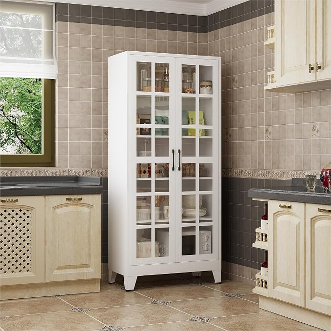 QINPTWUT 71" Tall Glass Door Storage Cabinet, Modern Metal Pantry Cabinet with 4 Adjustable Shelves, Freestanding Display Cabinet for Kitchen, Living Room, Dining Room, Home Office (White)