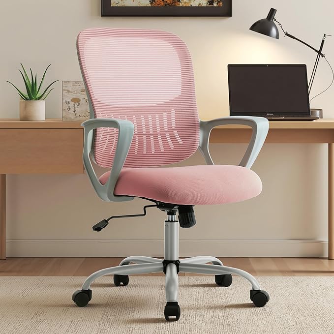 OLIXIS Home Office Chair, Mesh Desk Chair, Ergonomic Lumbar Support | Mid Back Computer Ergonomic, Height Adjustable Swivel Task, Large Seat Armrest, Adults, Pink
