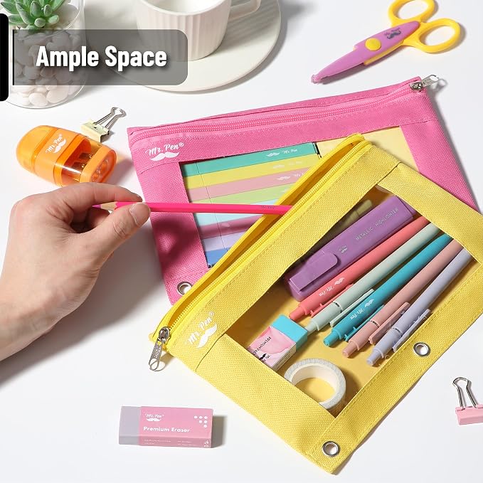 Mr. Pen- Pencil Pouch for 3 Ring Binder, 2 Pack, 10"x6.75", Smooth Zipper | Clear Window, Large Capacity Pencil Case with 3 Reinforced Grommets for School, Office, Supplies Storage | Clear Window, Large Capacity Pencil Case with 3 Reinforced Grommets f...