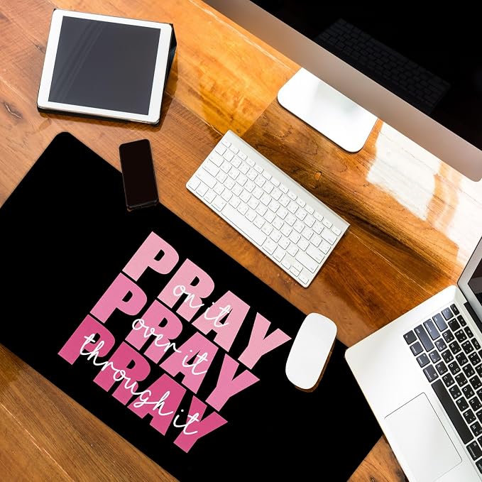 UTELKA Black Pink Desk Mat, Pink Christian Computer Mat 23x12 | Religious Desk Matt for Desktop, Pink Christian Office Decoration, Pray over it Pray Through it, Bible Verses, Church Gifts