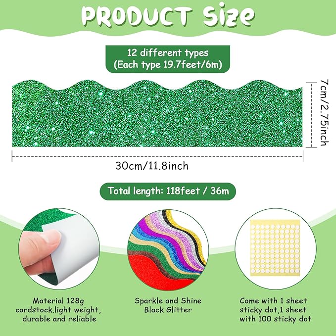 Containlol 236 ft Colorful Bulletin Board Borders Classroom Scalloped Trim Decorations for School Office Poster Chalkboard Wall(Glitter Style)