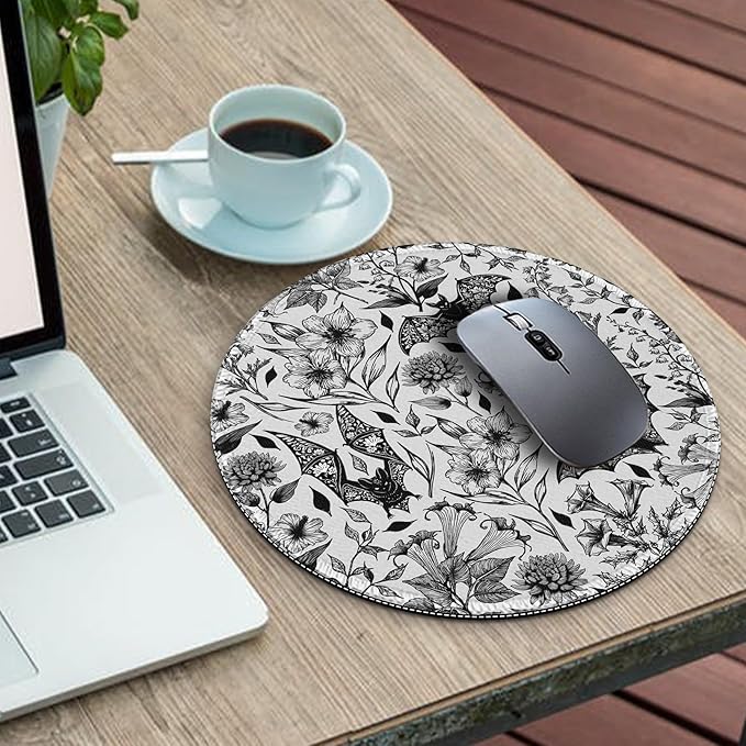 Gctriki Goth Floral Bat Mouse Pad for Desk, Funny Round Mousepad for Computer Laptop Gaming Stitched Edge Non-Slip Rubber Base, Gothic Gifts Home Office Desk Accessories Decor Supplies for Women