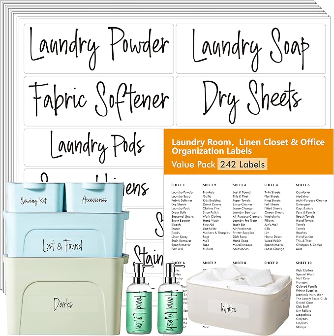 Hebayy 242 pcs Laundry Room, Linen Closet & Office Labels, 220 Pre-Printed Waterproof Oil&Tear Resistant Removable Stickers, 22 Blank Ones, No Residue for Home Office Craft Room Organization