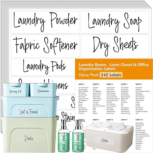 Hebayy 242 pcs Laundry Room, Linen Closet & Office Labels, 220 Pre-Printed Waterproof Oil&Tear Resistant Removable Stickers, 22 Blank Ones, No Residue for Home Office Craft Room Organization