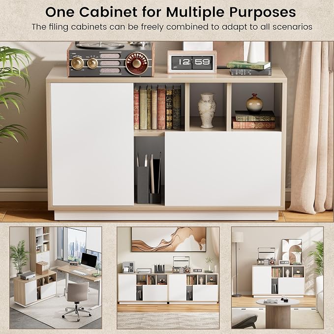 39" File Cabinet with Drawer, Office Storage Cabinet with Door | Home Office Printer Stand with Storage & Adjustable Shelves for Living Room, Entryway, Light Walnut