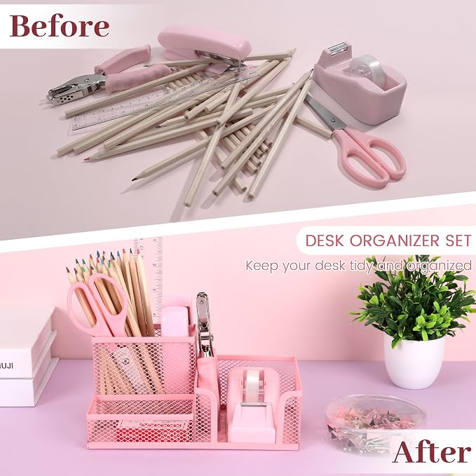 Pink Office Desk Accessories, 9 Pcs Desk Organizers and Accessories with Mesh Pen Holder, Stapler, Tape Dispenser, Hole Punch, Office Supplies Set for Office Home School Women Students Gift
