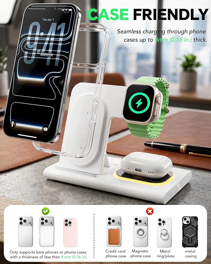 3 in 1 Foldable Wireless Fast Charging Station for Apple Multiple Devices | iPhone Charging Station for iPhone 17, Travel iWatch Charger Stand, Light Nightstand Charging Dock for Apple Watch/Airpods