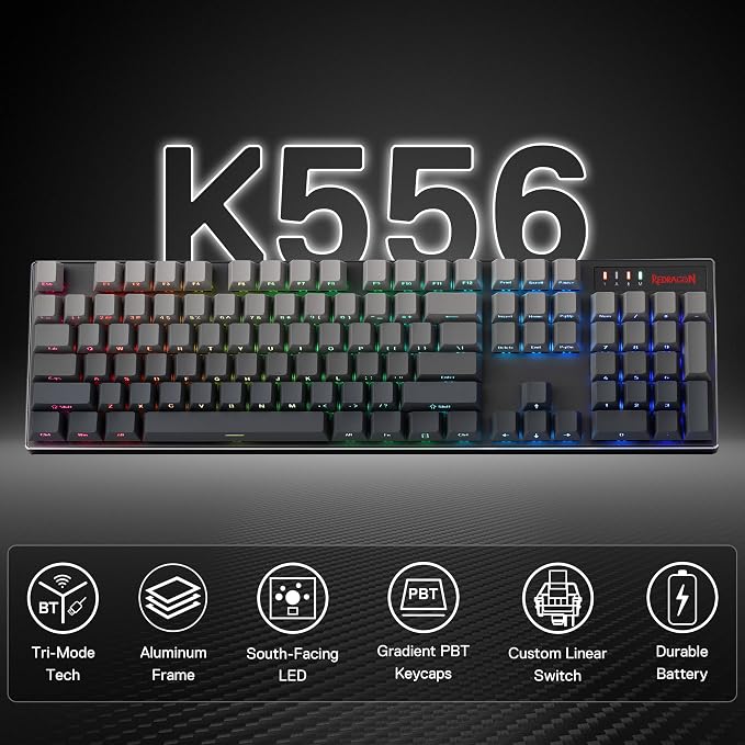 Redragon K556 PRO Wireless RGB Gaming Keyboard, Aluminum Board, PBT Keycaps | 0 Delay Tri-Mode BT/2.4GHz/USB-C for More Devices, Rock-Solid Stability, AM-PM Using Durability, Pro Software, Gradient Color
