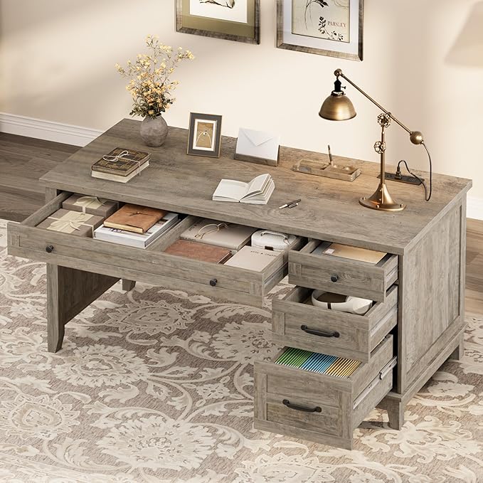 Garvee 53.5" Wooden Home Office Desk with File Drawers, Executive Desk with Power Outlet, Farmhouse Wood Desk with Storage, Distressed Study and Work Table, Rustic Grey