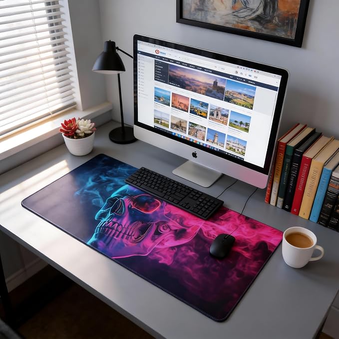Aesthetic Skull Gaming Mouse Pad, Blue Pink Cyber Desk Mat with Anti-Slip Base & Stitched Edges,35.4" x 15.7" in Table Mat for Computer Desktop, Beautiful Workstation Decor