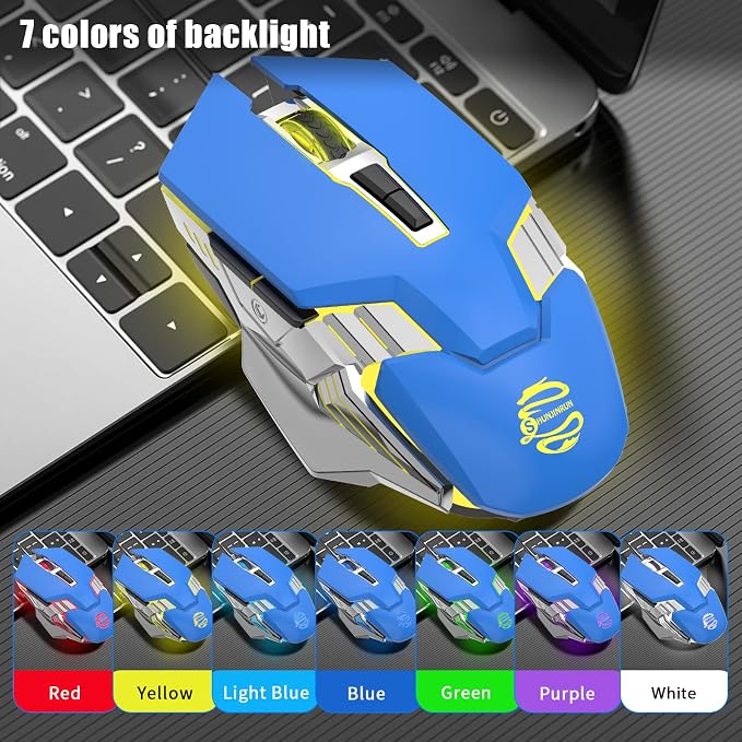 3-Mode RGB Silent Rechargeable Wireless Gaming Mouse Blue | BT5.0/BT3.0+2.4G connection, RGB backlight & quiet click, for gaming office, compatible with Laptop, PC, Mac, iPad & Tablet