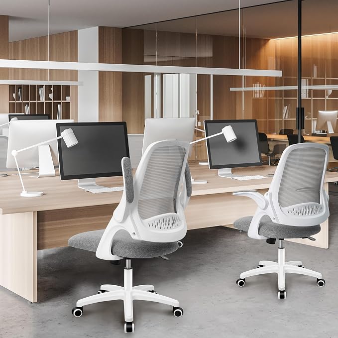 NEO CHAIR Office Desk Chair, Ergonomic Mesh with Flip-Up Armrests, Grey | Lumbar Support, Height Adjustment, 360° Swivel and Rolling Base, Space-Saving Design for Home Office, Vanity or Study
