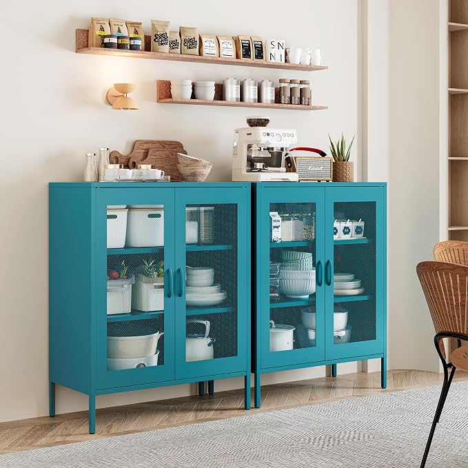 Chshin Metal Locker Storage Cabinet with 2 Mesh Doors and Adjustable Shelves,Blue Metal Locker Cabinets,Coffee Bar Cabinet,Kitchen Pantry Storage Cabinets for Home,Sideboard,Office(40" H)