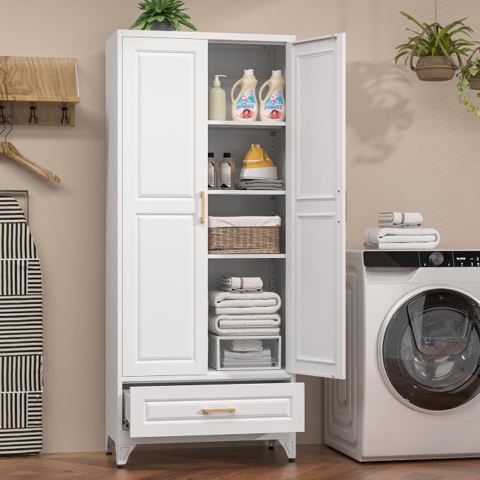 75" Kitchen Pantry Cabinet, Metal Storage Cabinets with 2 Doors | Kitchen Cabinet with Drawer & 3 Adjustable Shelves, Tall Food Pantry Cabinet, Cupboard for Kitchen, Dining Room, Living Room