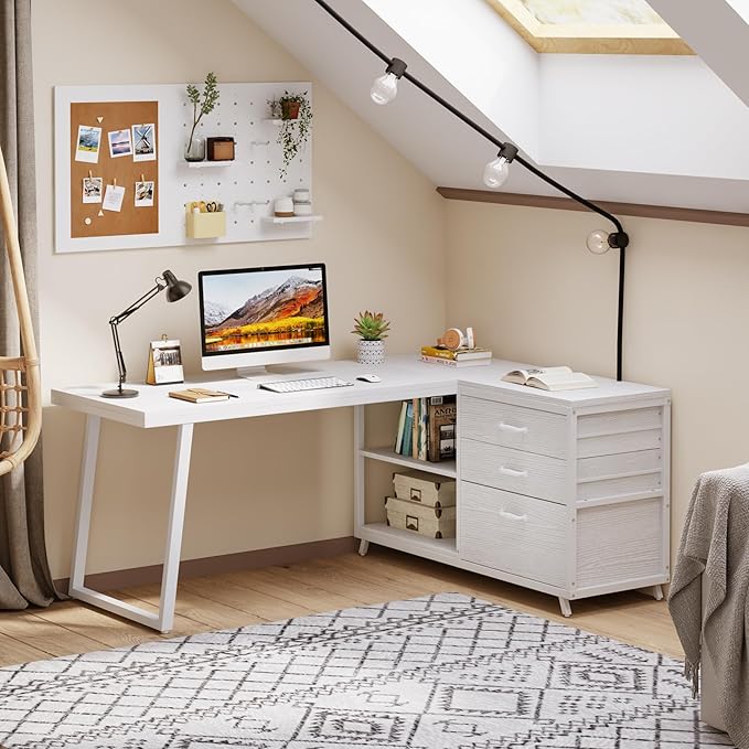 Tribesigns L-Shaped Computer Desk with 3 Drawers, Reversible Corner Home Office Desk with Shelves, 53-Inch Industrial PC Desk Study Writing Table Workstation for Small Space, White