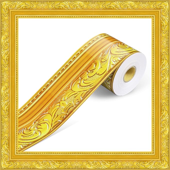 Outus 68ft Frame Bulletin Board Border Die-Cut Rolled Trim,Gold-Plated | Straight Picture Frame Border, Vintage Style Classroom Chalkboard Decor, Trimmable School Office Party Displays