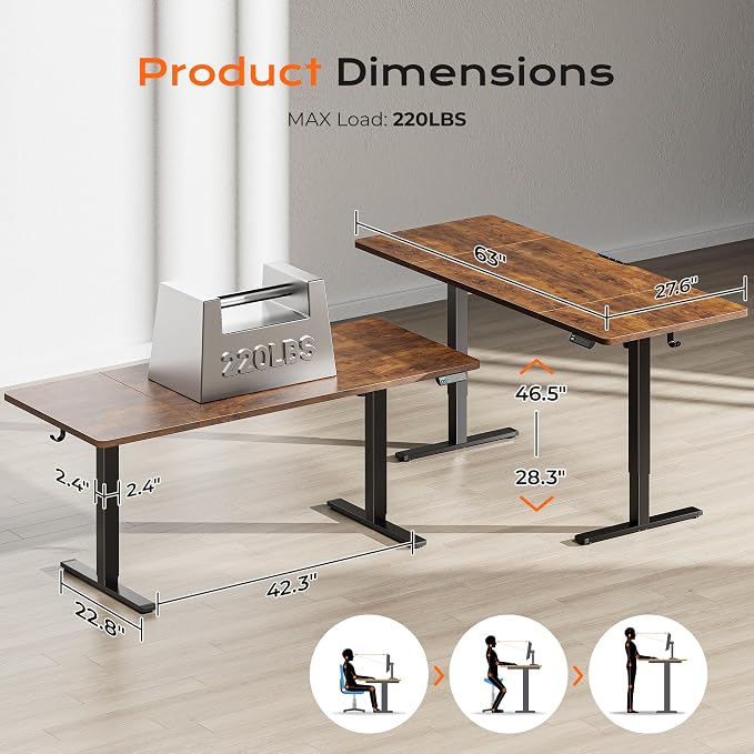 Huuger 63 x 28 Large Electric Standing Desk, Height Adjustable Computer Desk, 27.6" Deep Desktop, Stand up Gaming Office Table with 2 Hooks, 3 Preset Heights, for Home Office, Rustic Brown, 7021Z-1