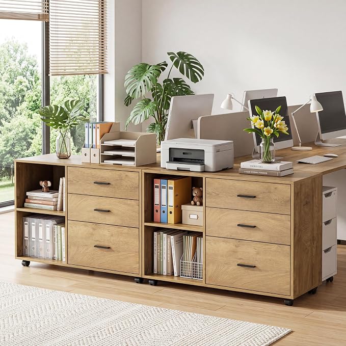 Tribesigns 39" Rolling File Cabinet with 3 Drawers for Office, Light Brown | Wooden Office Lateral Filing Cabinet for Home Office Modern Mobile Printer Stand with Storage Shelves Large Storage Drawer