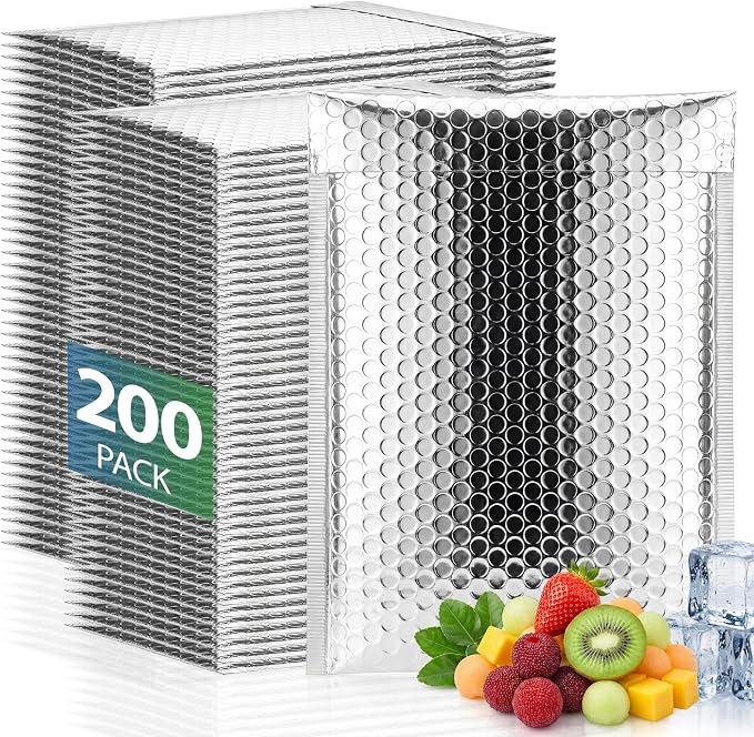 200 Pack 8 x 11 Inch Insulated Bubble Mailers, Silver | Self Seal Closure, Foil Lined Interior, Padded Cushioning, Waterproof, Cold Delivery Packing, for Food and Cosmetics