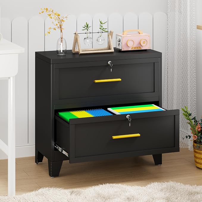 2 Drawer Metal Lateral File Cabinet with Lock for Home Office | Fits Letter, Legal, A4 and F4 hanging folders, individual drawer locks, adjustable feet, anti-tip design, 28.94"W x 33.46"H